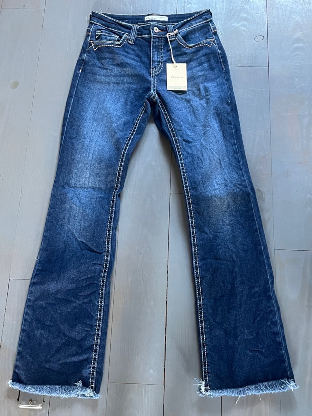KanCan Dark Blue Curvy Bootcut Jeans with Frayed Hem Size 25 - Picture 2 of 8